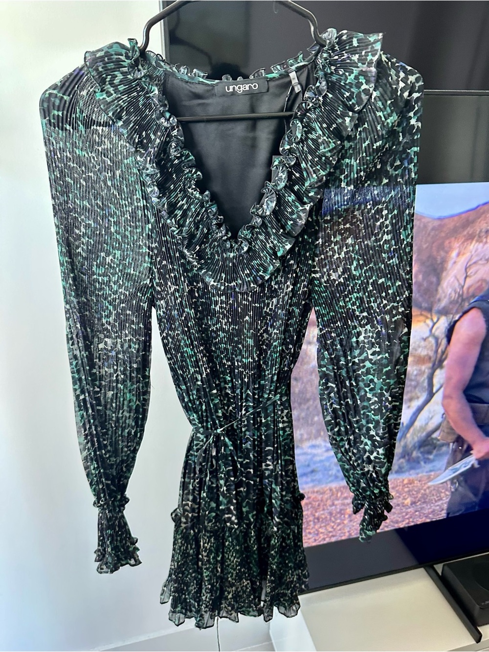 Emanuel Ungaro Black and Green Ruffled V-Neck Long Sleeve Dress